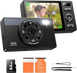 64Go Appareil Photo Numérique Enfant: 48MP Caméra Anti-secousse Photographie Vlogging Caméra pour Youtube 16X Zoom Numérique Photo Filtration Prise de Vue Continue Autofocus Compacte