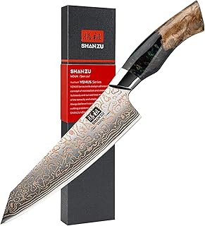 SHAN ZU Couteau de Chef Damas 20cm, Couteau de Cuisine en Cuivre et Acier Damas 67 Couches, Couteau Japonais Professionnel Forgé à la Main avec Manche en Bois d