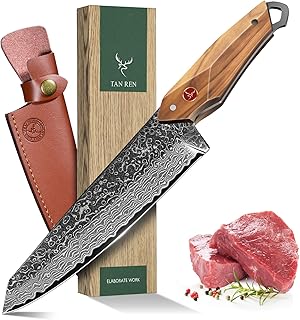 TAN REN Damas Couteaux, Couteaux de Chef Professionnels Forgés à la Main, Couteaux de Chef Damas avec Coffret Cadeau, Couteaux à Découper Exceptionnellement Tranchants