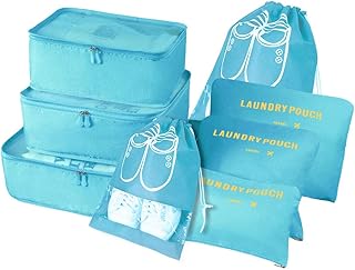 Organisateur de Voyage, Lot de 8 Organiseurs de Bagage pour Voyage,Différents Tailles des Cubes Étanche Sacs de Voyage Rangement (Bleu Ciel)