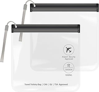 Lot de 2 Trousses de Toilette Transparentes pour Voyage Avion,Pochette Étanche TSA 20 x 20 cm,Sac Transparent Cabine,Accessoire Voyage Femme/Homme,Kit Avion Liquides,Sachet Zip Réutilisable