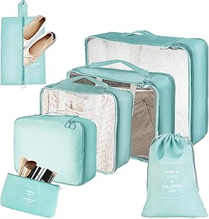 organisateur valise, rangement valise organisateur, organisateur de voyage, Lot de 7 Organiseurs de Bagage pour Voyage, les voyages en famille, le rangement à la maison (bleu clair)