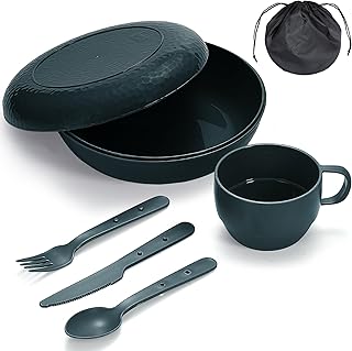 Berglander Kit de Repas de Camping avec Bol, Assiette, Tasse, Couverts et Sac de Transport, Accessoires de Camping en Plastique, Légers et Faciles à Transporter