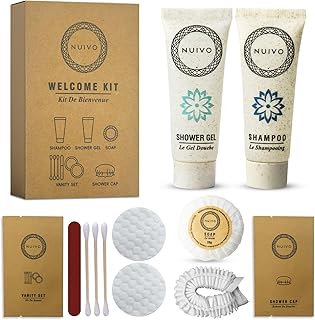 Pack de 50 Kits d’Accueil Écoresponsables Complets pour Hôtel, Airbnb, Gîte, Mariage – Mini Shampoing, Gel Douche, Savon, Vanity Kit, Bonnet de Bain – Sans Paraben - Format Voyage