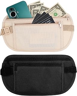 2 Pièces Ceinture de Voyage, Portefeuille Ceinture Anti-Vol RFID Protection, Sac Banane Sécurisé pour Femmes et Hommes, Sac de Taille Plat pour Sport et Voyage
